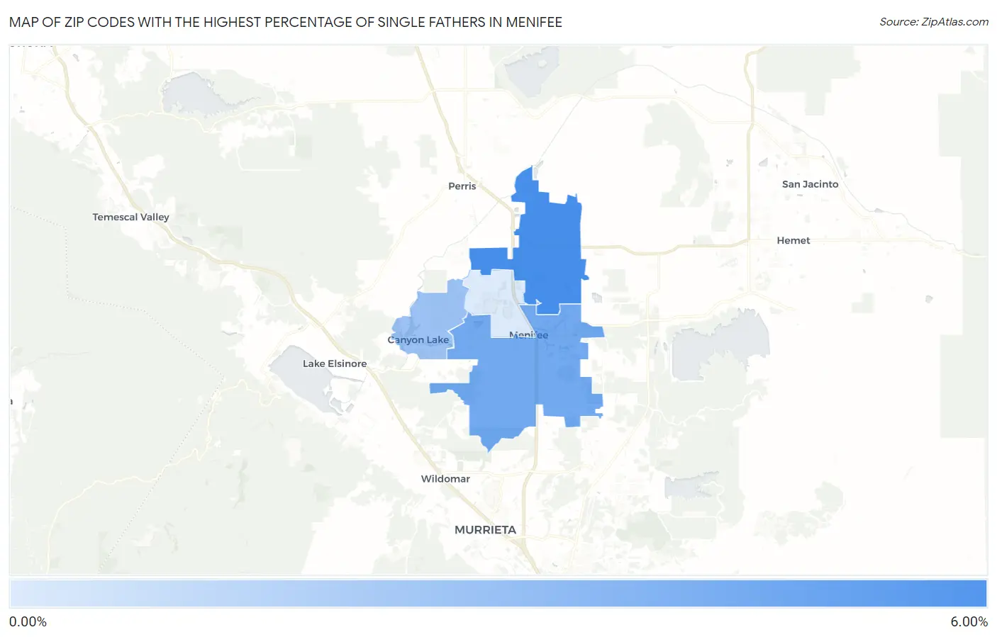 Zip Codes with the Highest Percentage of Single Fathers in Menifee Map