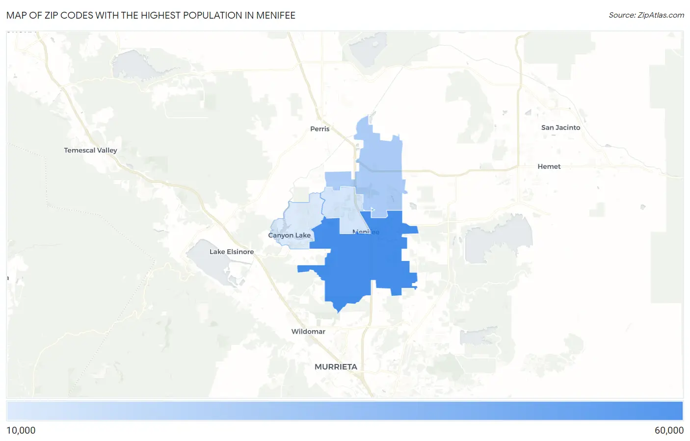 Zip Codes with the Highest Population in Menifee Map