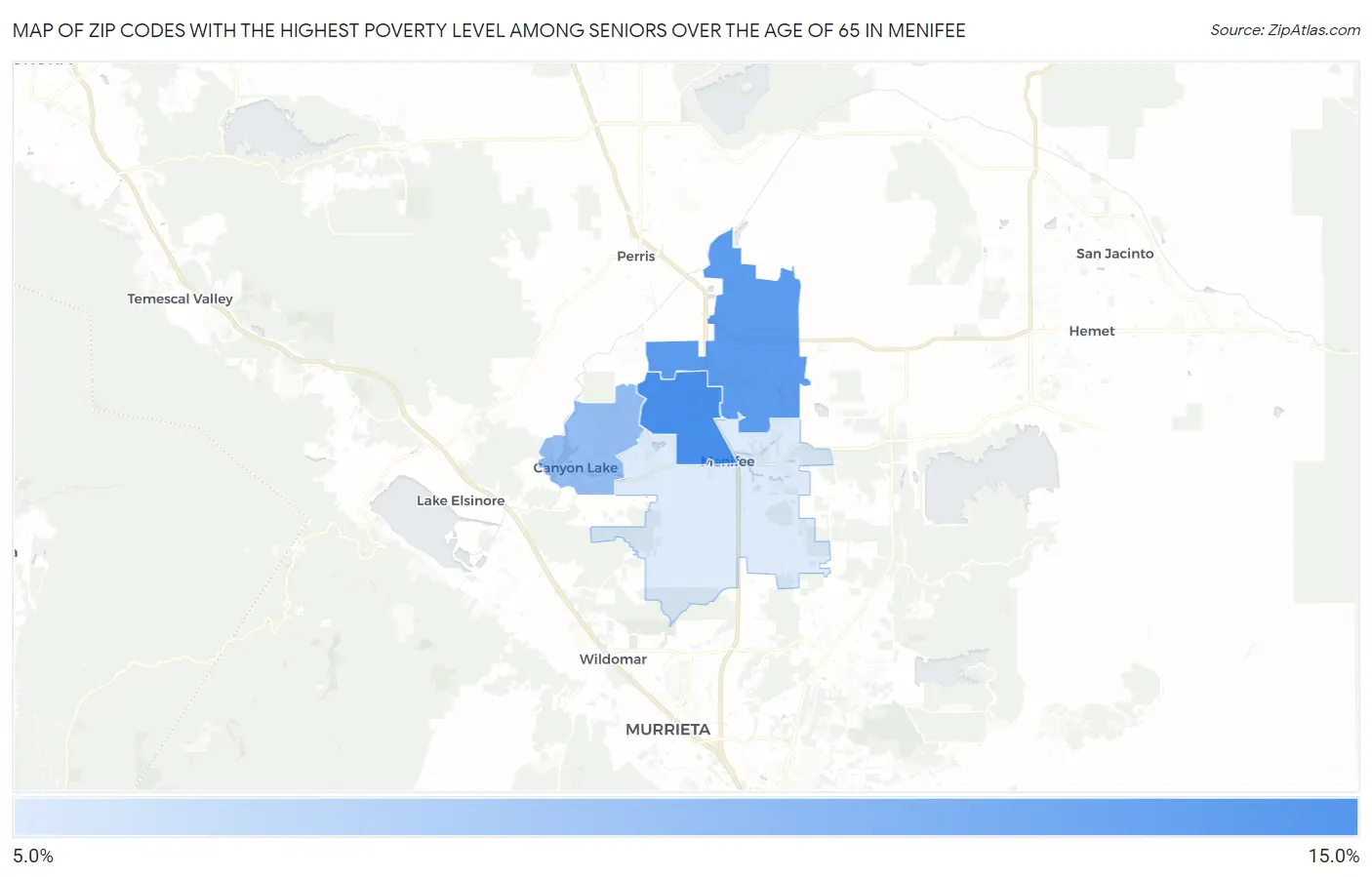 Zip Codes with the Highest Poverty Level Among Seniors Over the Age of 65 in Menifee Map
