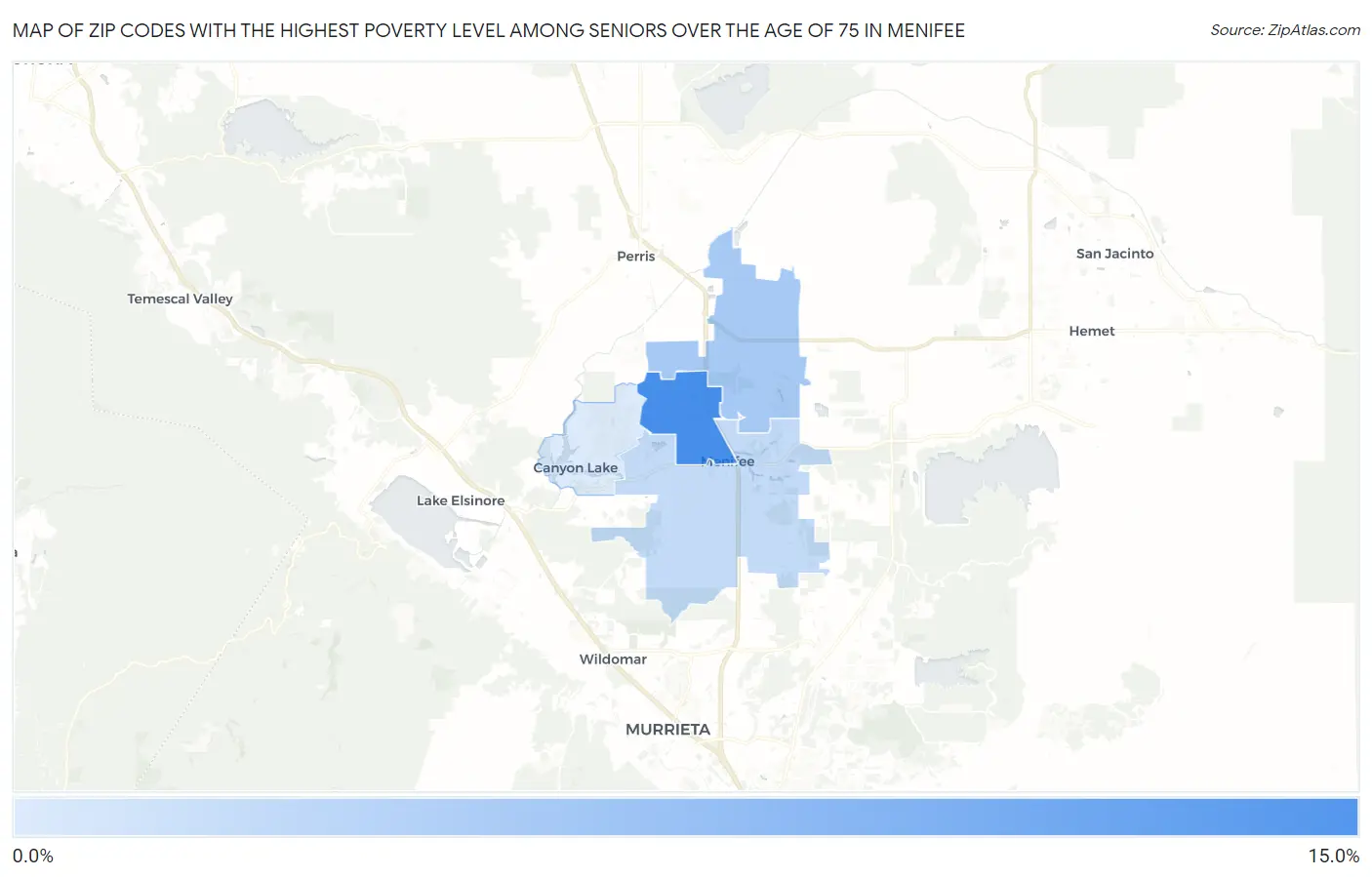Zip Codes with the Highest Poverty Level Among Seniors Over the Age of 75 in Menifee Map