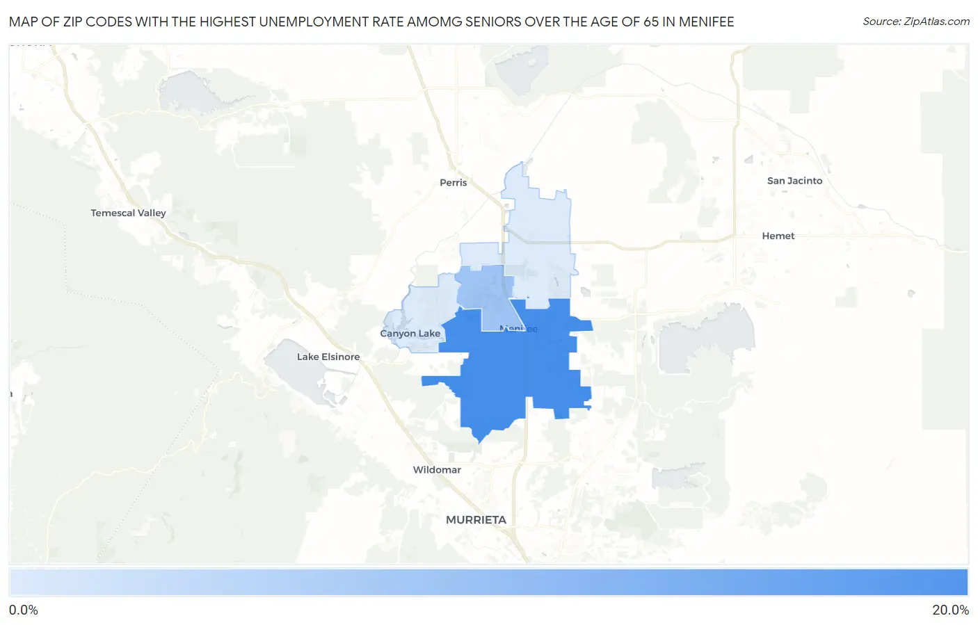 Zip Codes with the Highest Unemployment Rate Amomg Seniors Over the Age of 65 in Menifee Map