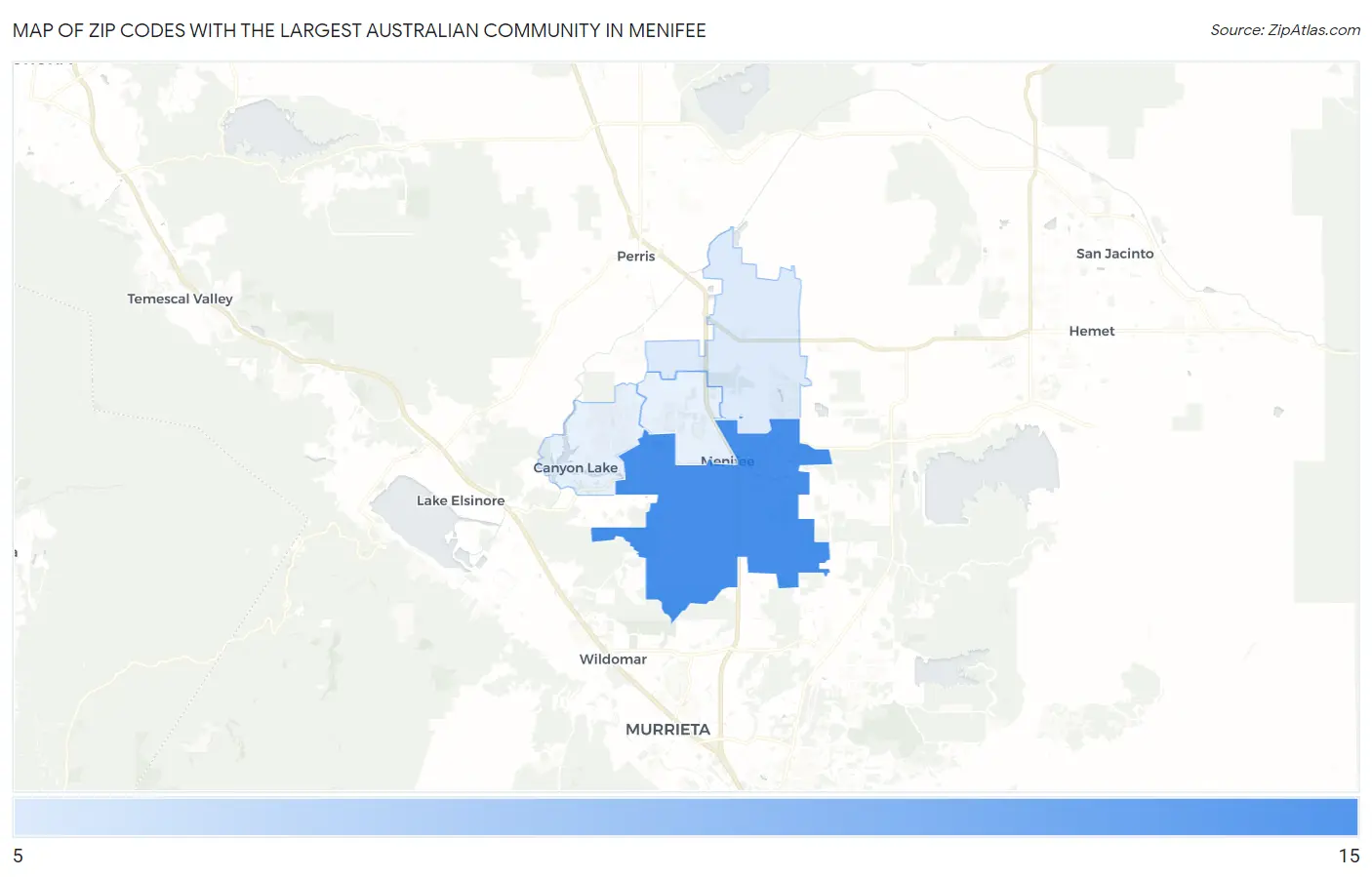 Zip Codes with the Largest Australian Community in Menifee Map