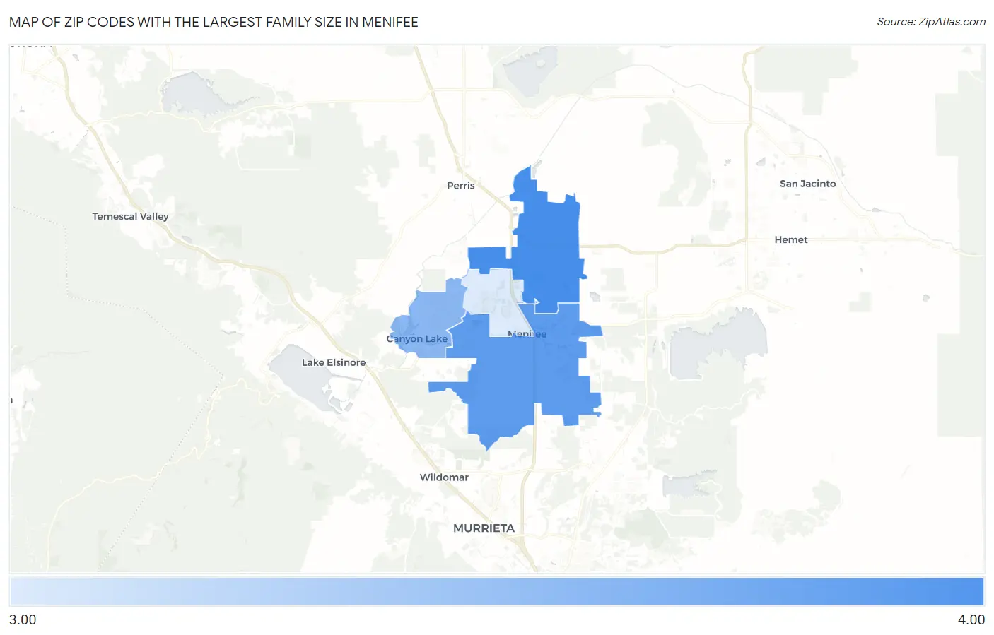 Zip Codes with the Largest Family Size in Menifee Map