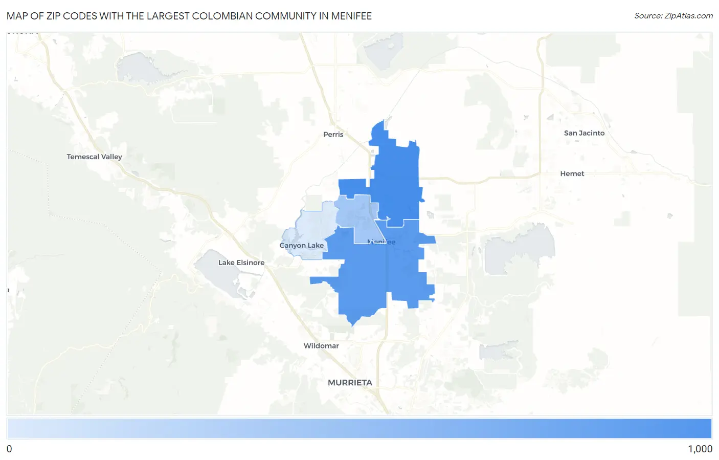Zip Codes with the Largest Colombian Community in Menifee Map