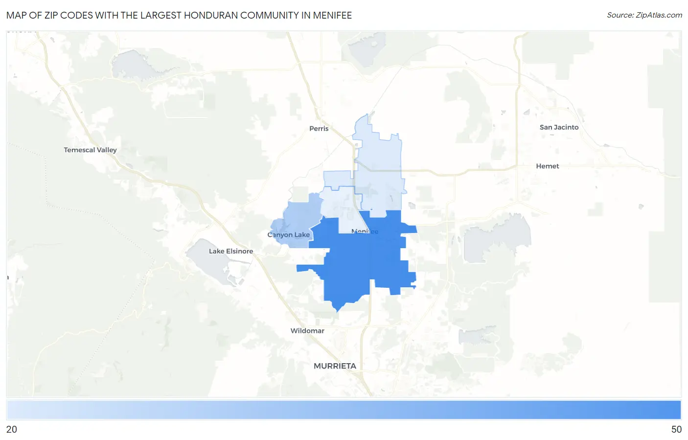Zip Codes with the Largest Honduran Community in Menifee Map