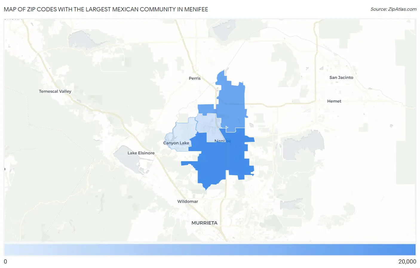 Zip Codes with the Largest Mexican Community in Menifee Map