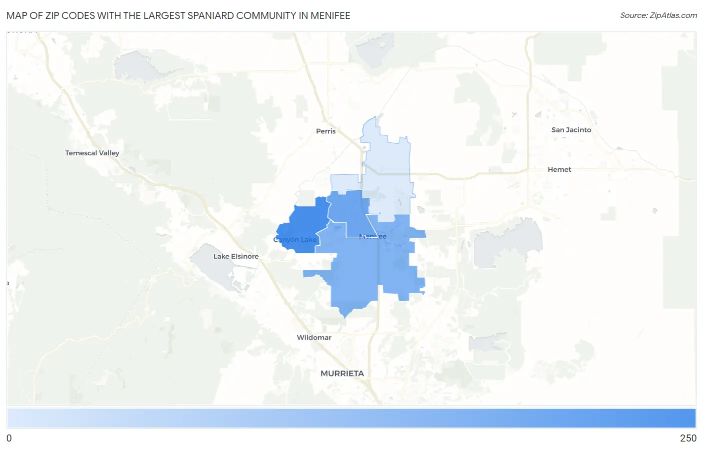 Zip Codes with the Largest Spaniard Community in Menifee Map