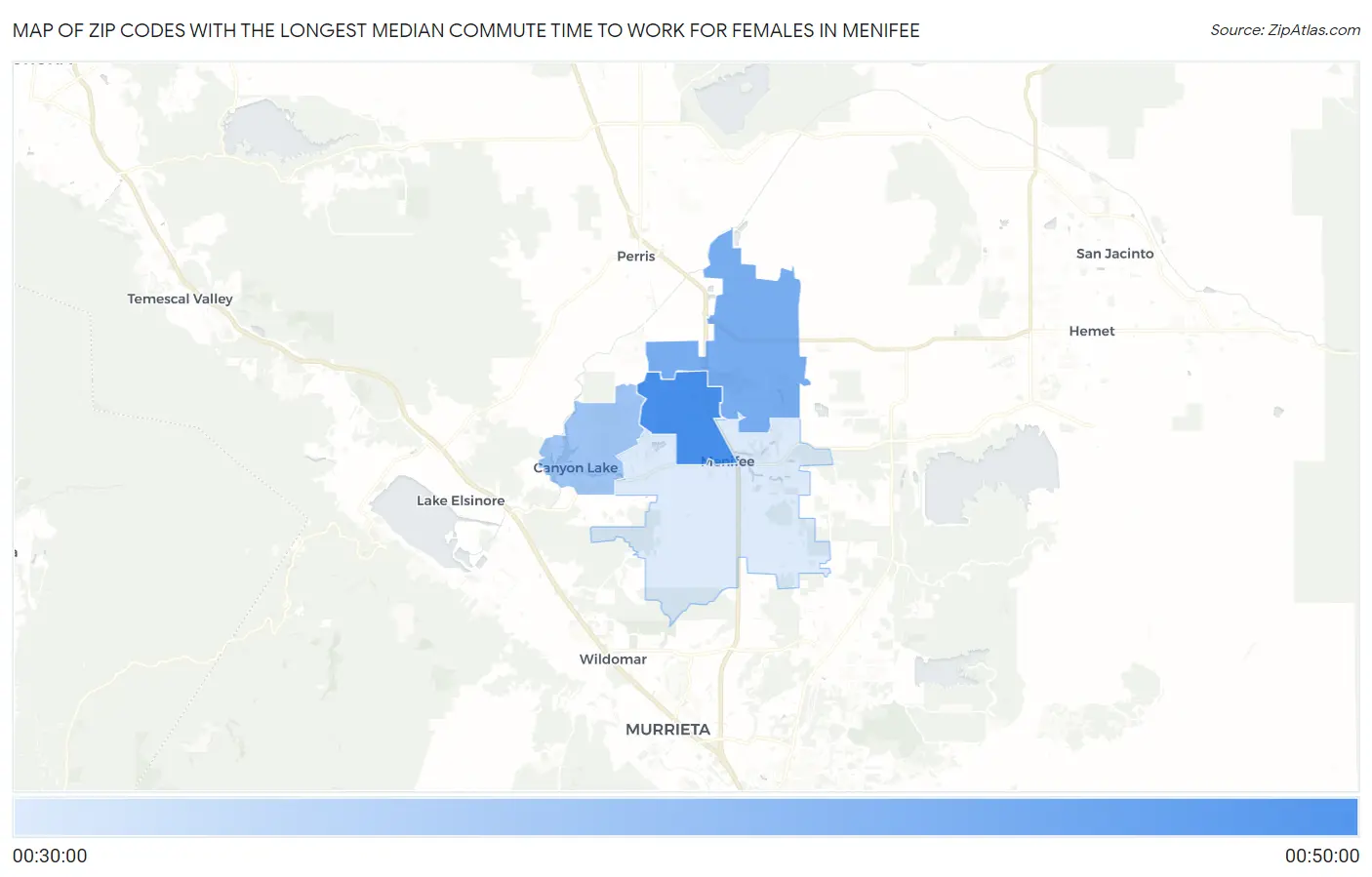 Zip Codes with the Longest Median Commute Time to Work for Females in Menifee Map