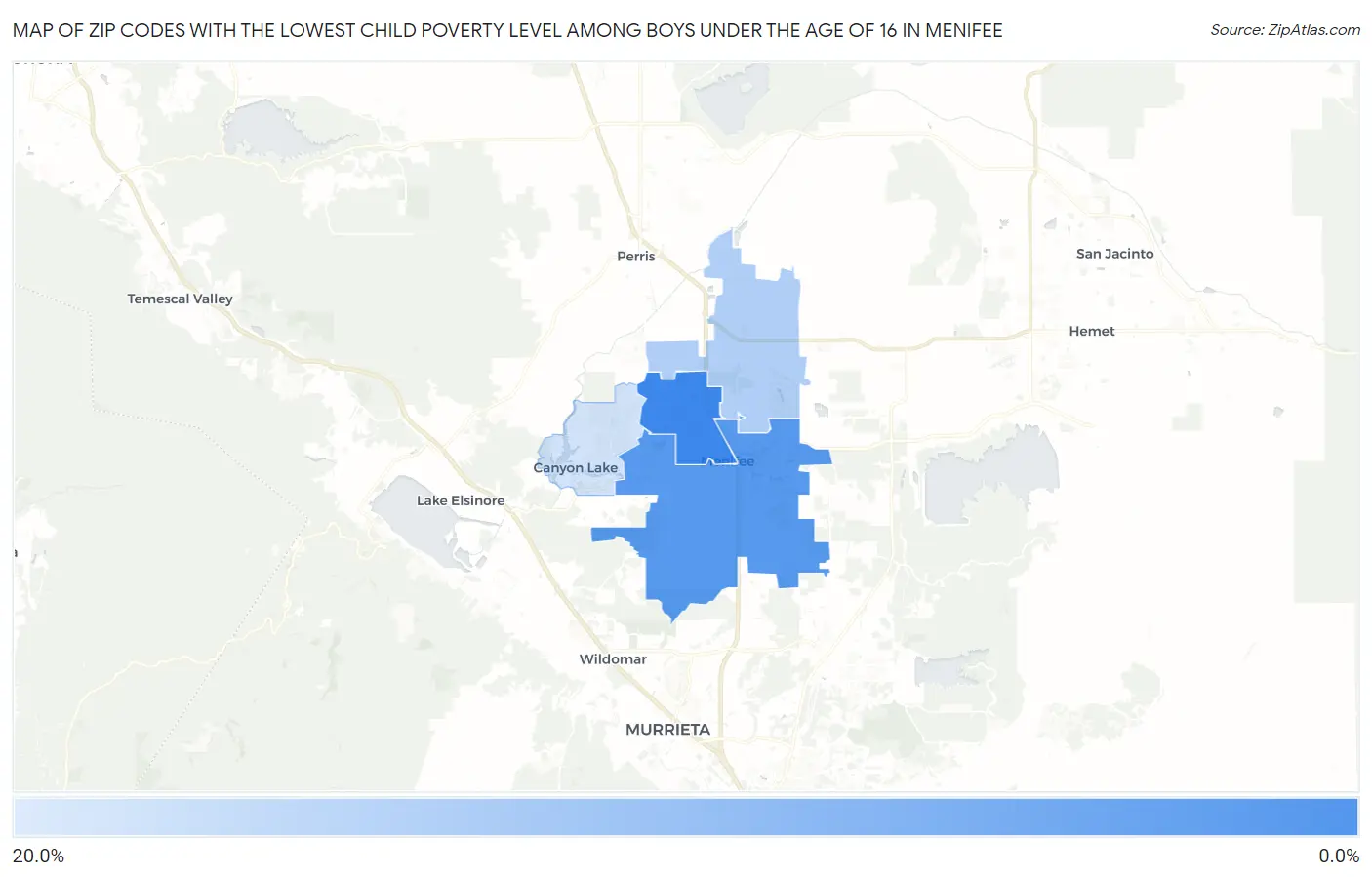 Zip Codes with the Lowest Child Poverty Level Among Boys Under the Age of 16 in Menifee Map