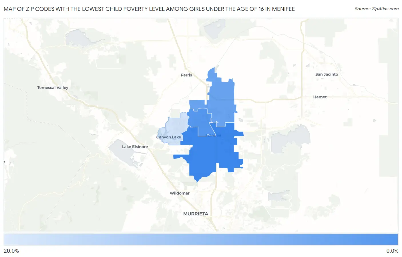 Zip Codes with the Lowest Child Poverty Level Among Girls Under the Age of 16 in Menifee Map