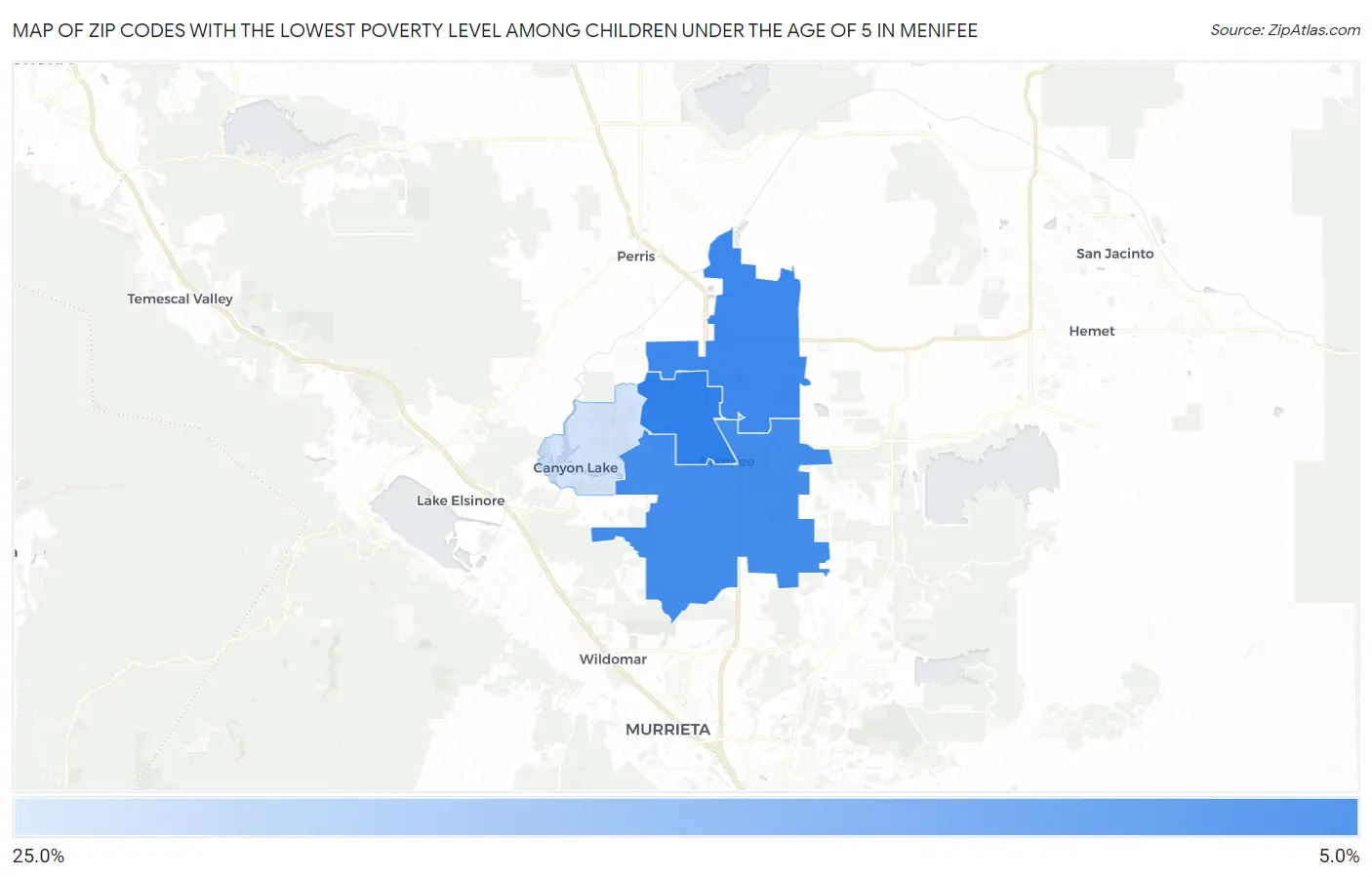 Zip Codes with the Lowest Poverty Level Among Children Under the Age of 5 in Menifee Map