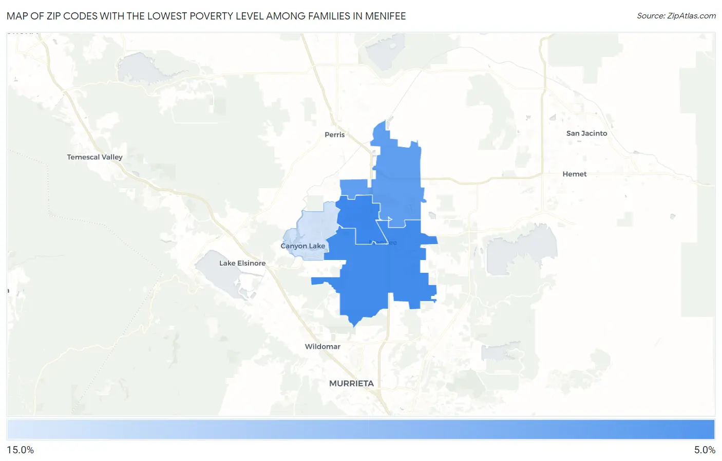 Zip Codes with the Lowest Poverty Level Among Families in Menifee Map
