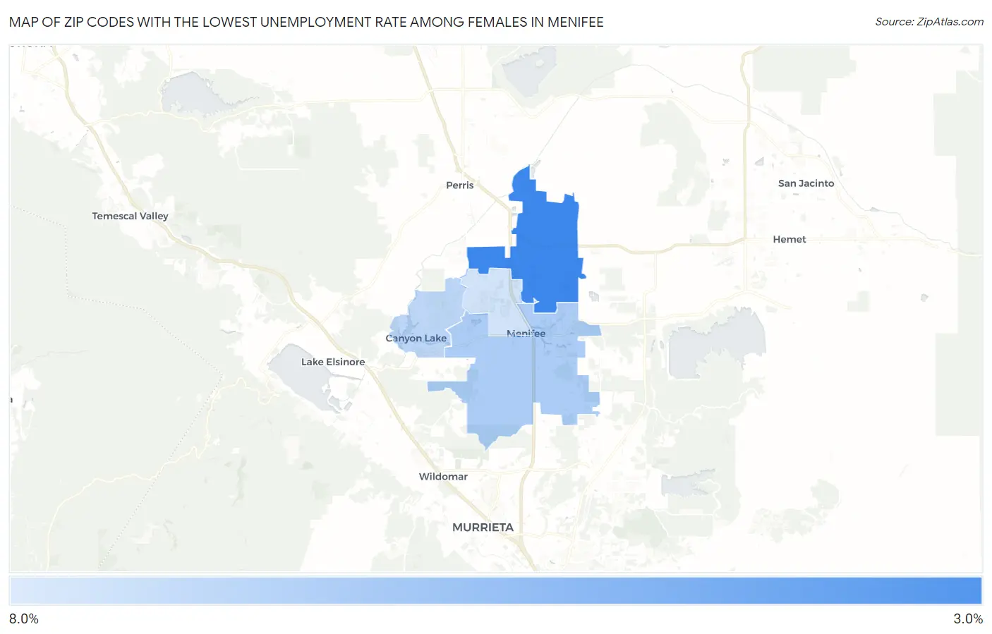 Zip Codes with the Lowest Unemployment Rate Among Females in Menifee Map