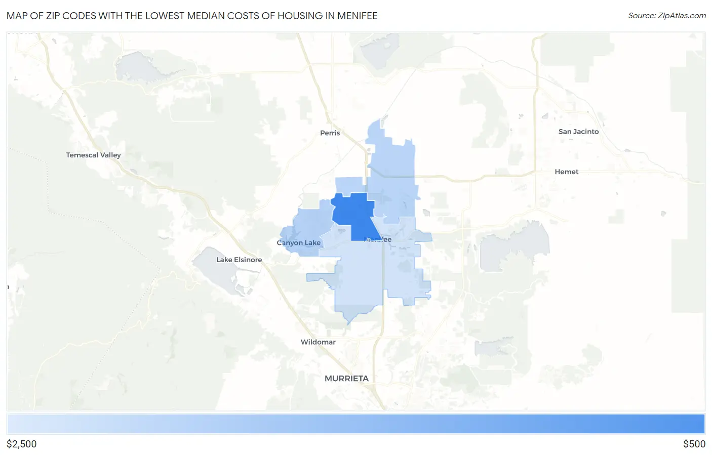Zip Codes with the Lowest Median Costs of Housing in Menifee Map