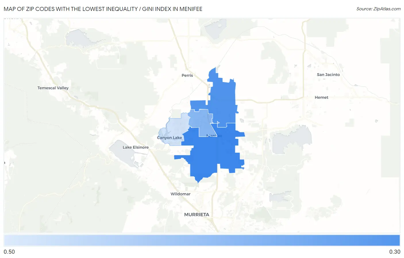 Zip Codes with the Lowest Inequality / Gini Index in Menifee Map