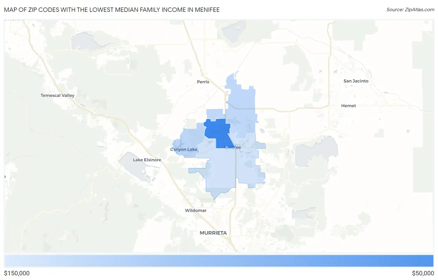Zip Codes with the Lowest Median Family Income in Menifee Map