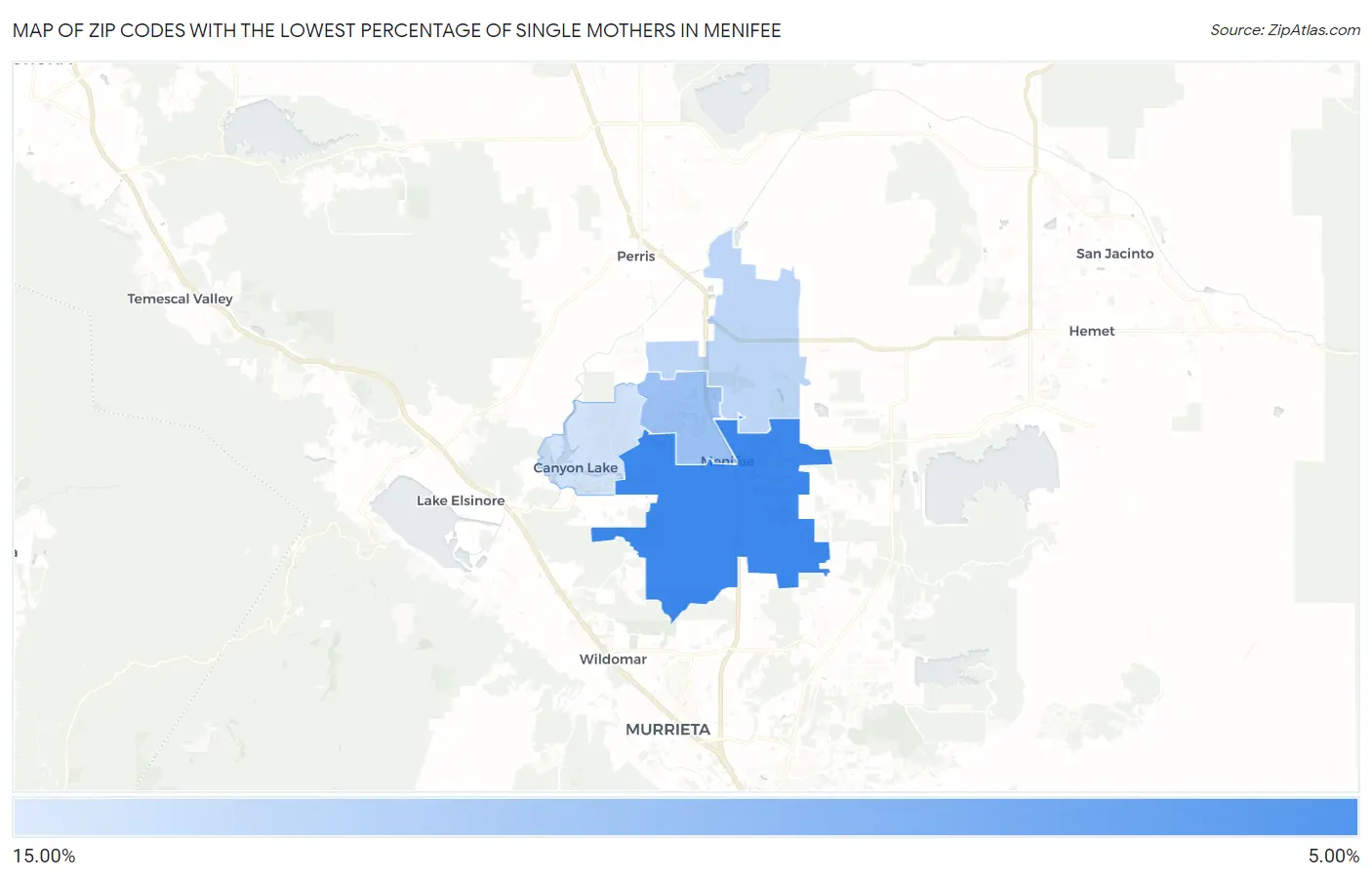 Zip Codes with the Lowest Percentage of Single Mothers in Menifee Map