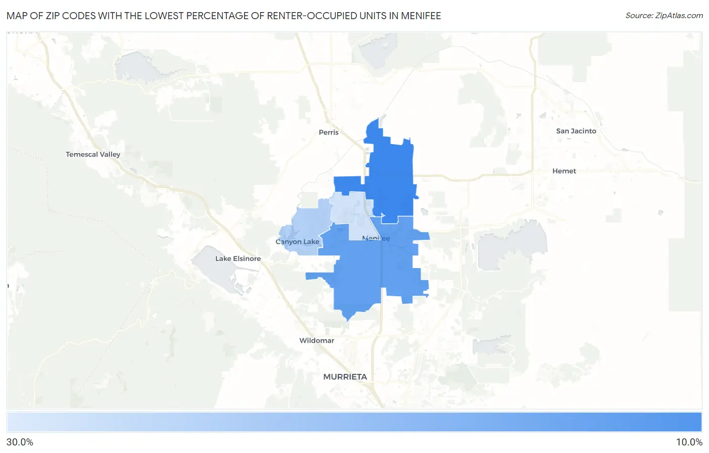 Zip Codes with the Lowest Percentage of Renter-Occupied Units in Menifee Map