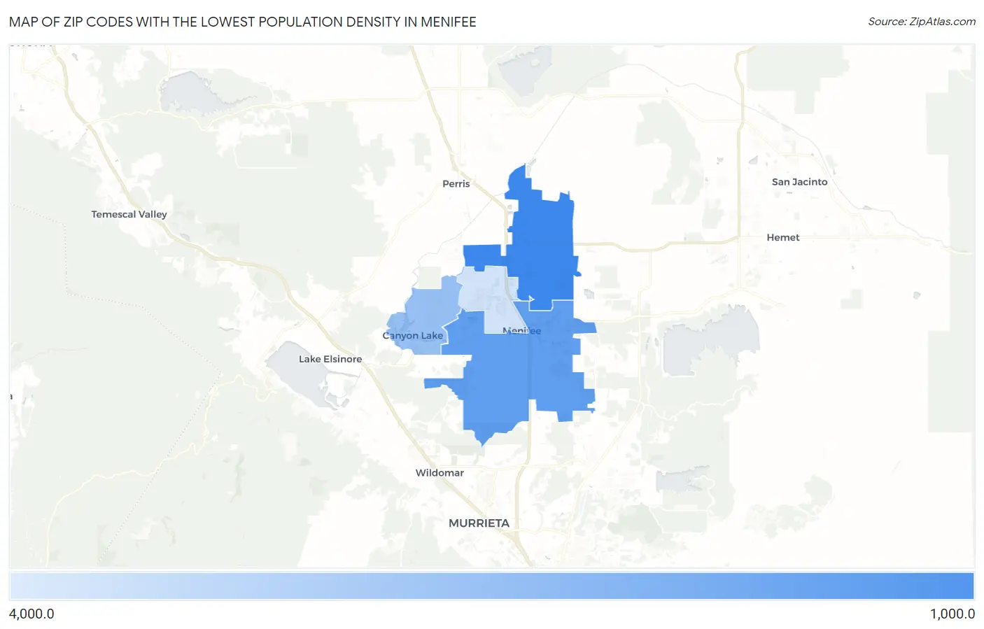 Zip Codes with the Lowest Population Density in Menifee Map