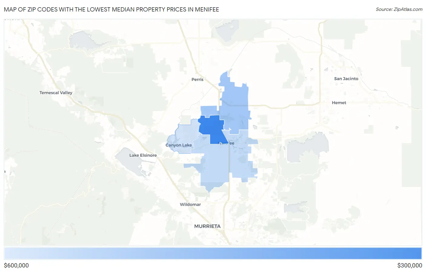 Zip Codes with the Lowest Median Property Prices in Menifee Map