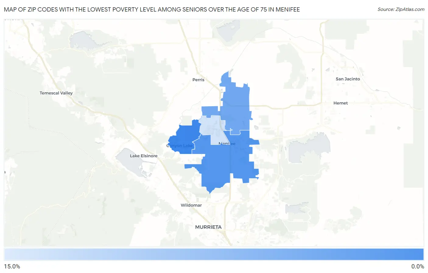 Zip Codes with the Lowest Poverty Level Among Seniors Over the Age of 75 in Menifee Map