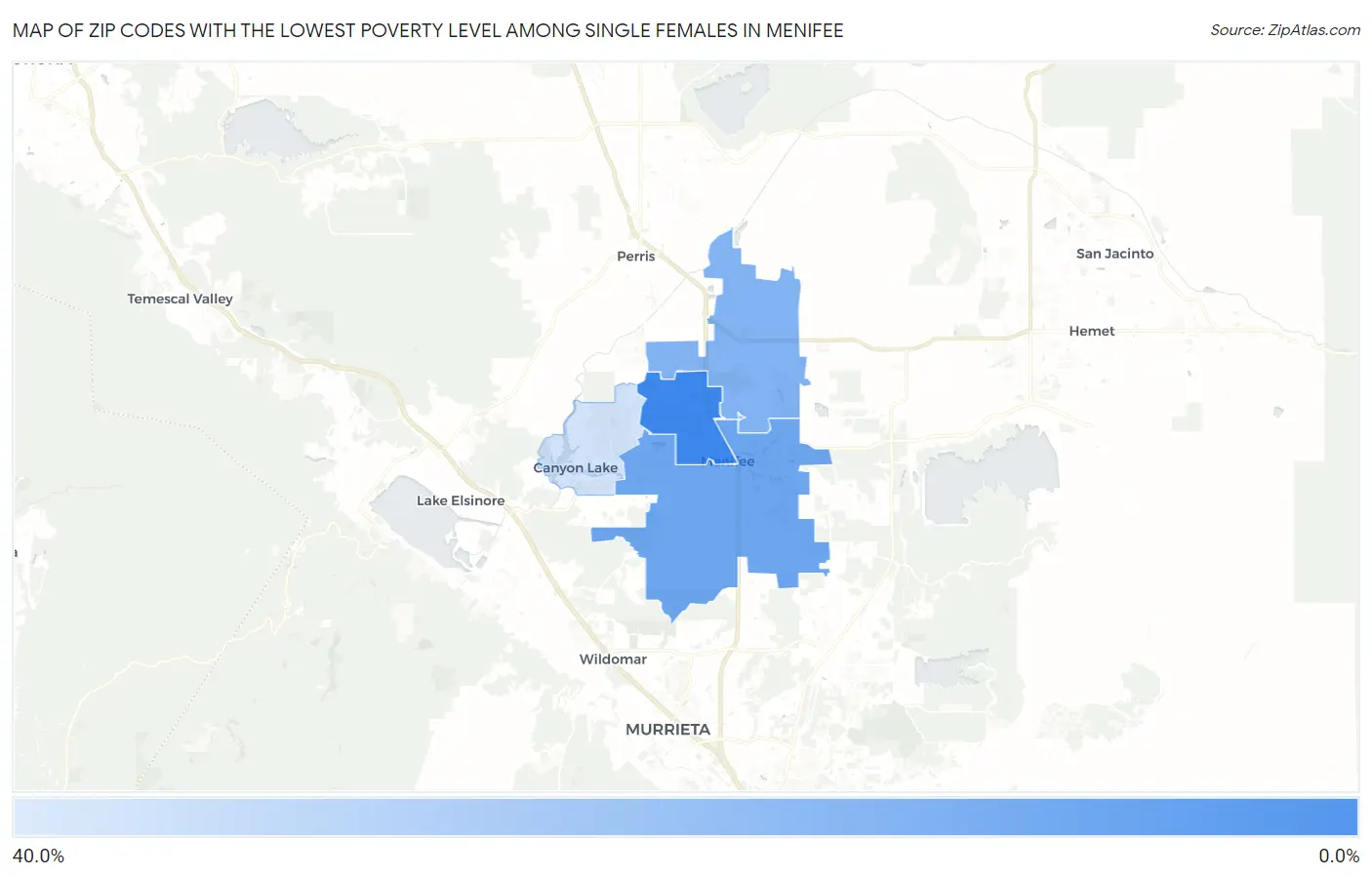 Zip Codes with the Lowest Poverty Level Among Single Females in Menifee Map
