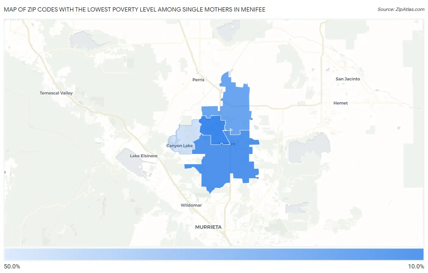 Zip Codes with the Lowest Poverty Level Among Single Mothers in Menifee Map