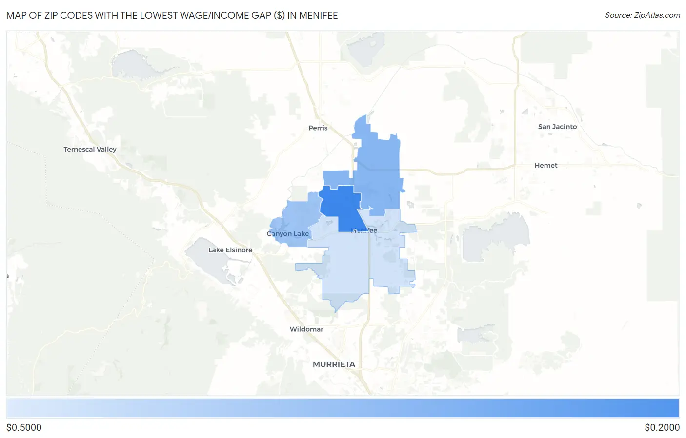 Zip Codes with the Lowest Wage/Income Gap ($) in Menifee Map