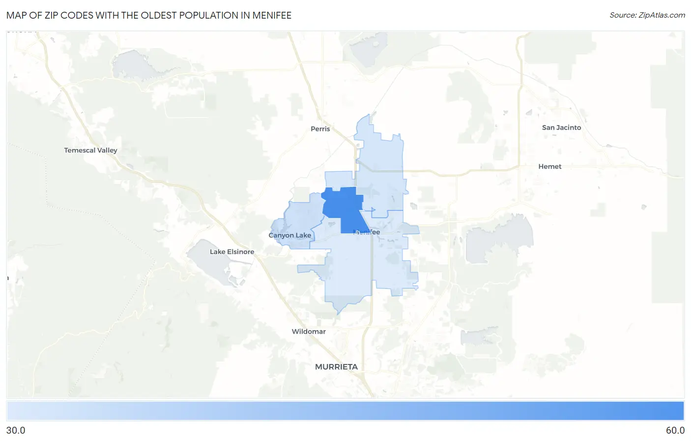 Zip Codes with the Oldest Population in Menifee Map
