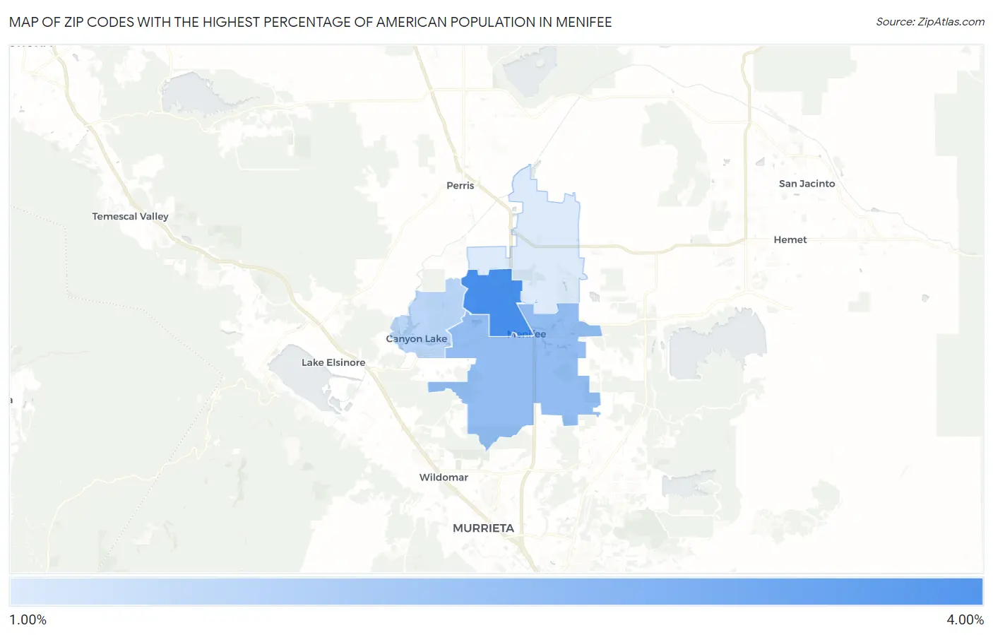 Zip Codes with the Highest Percentage of American Population in Menifee Map