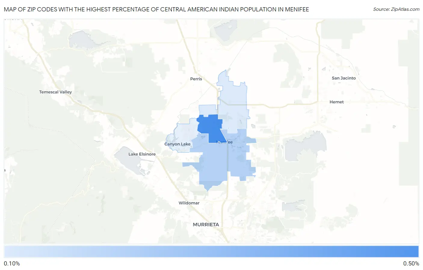 Zip Codes with the Highest Percentage of Central American Indian Population in Menifee Map