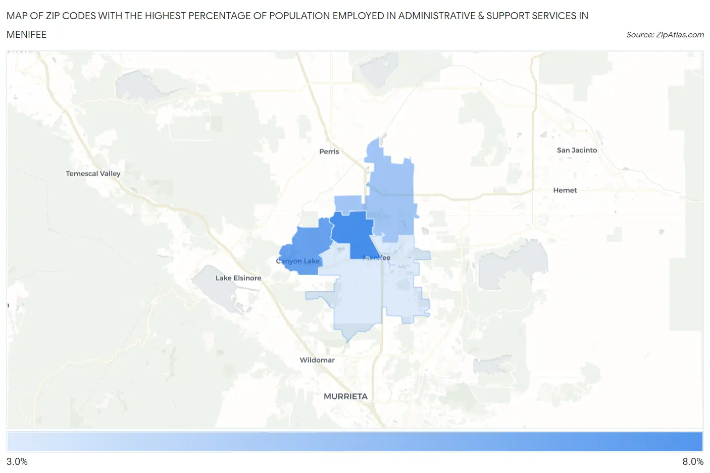 Zip Codes with the Highest Percentage of Population Employed in Administrative & Support Services in Menifee Map