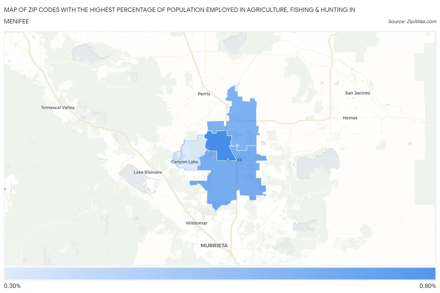 Zip Codes with the Highest Percentage of Population Employed in Agriculture, Fishing & Hunting in Menifee Map