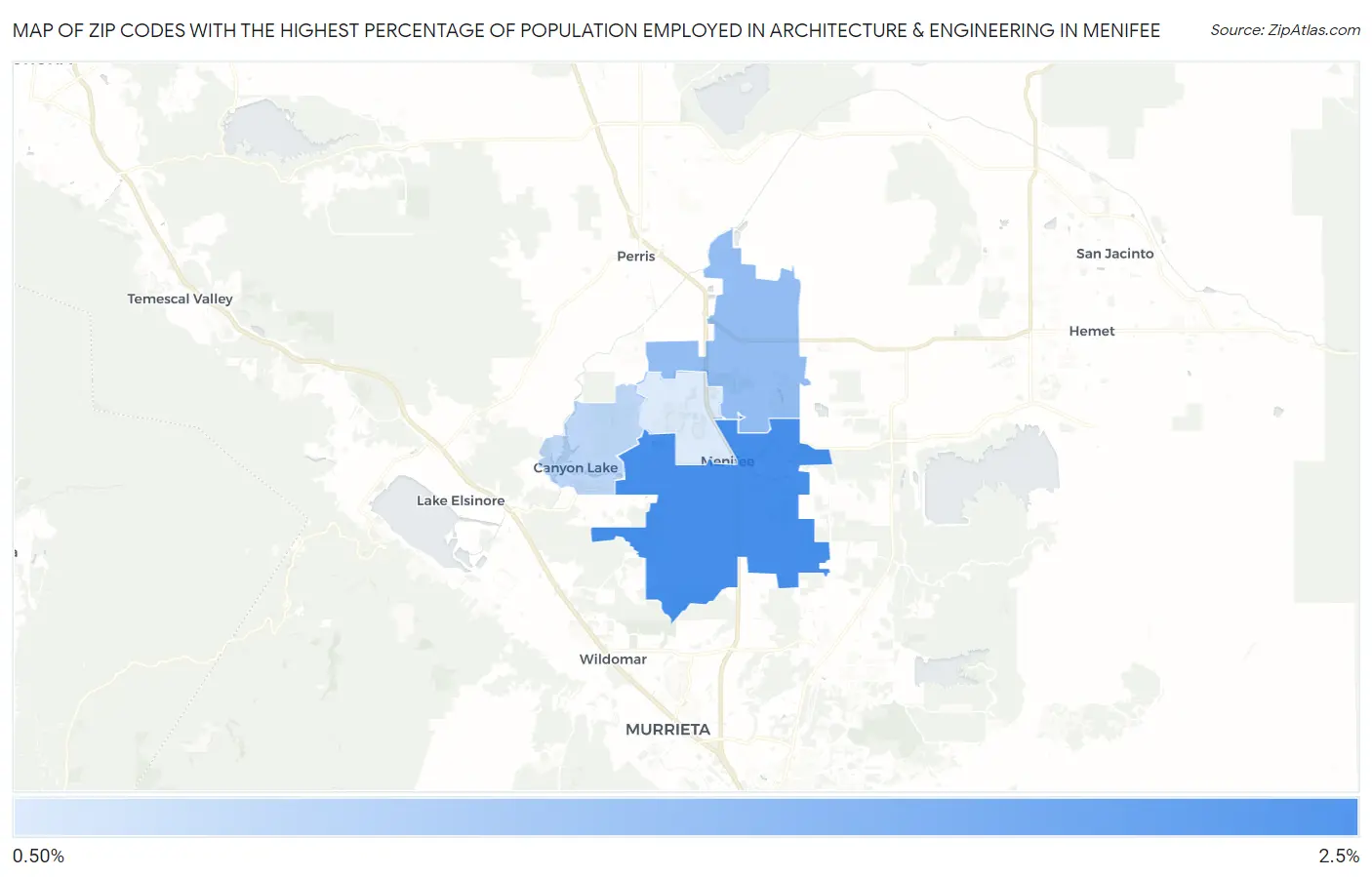 Zip Codes with the Highest Percentage of Population Employed in Architecture & Engineering in Menifee Map