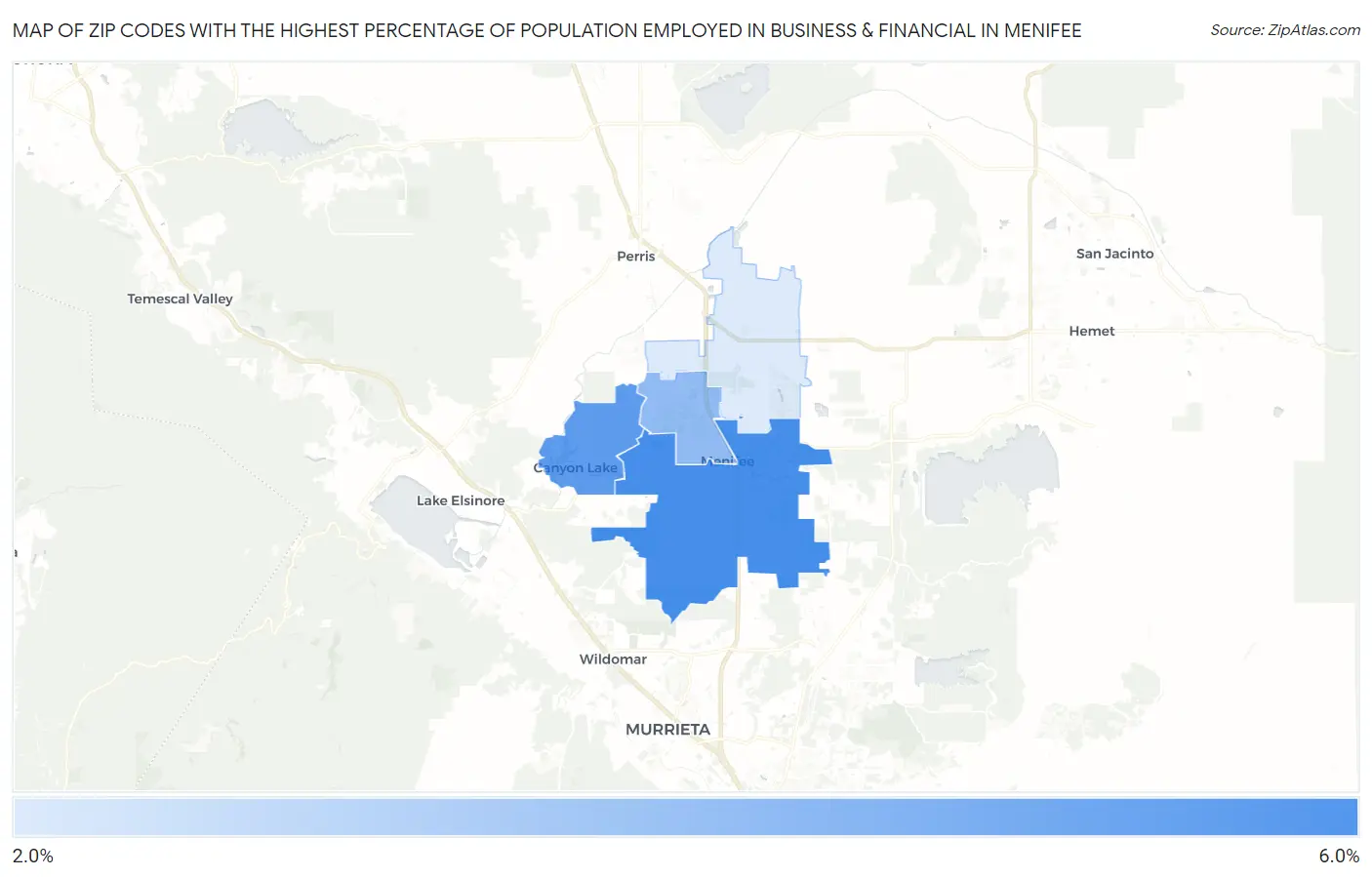 Zip Codes with the Highest Percentage of Population Employed in Business & Financial in Menifee Map