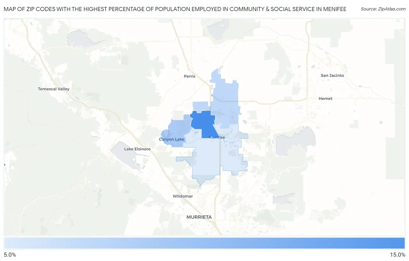 Zip Codes with the Highest Percentage of Population Employed in Community & Social Service  in Menifee Map