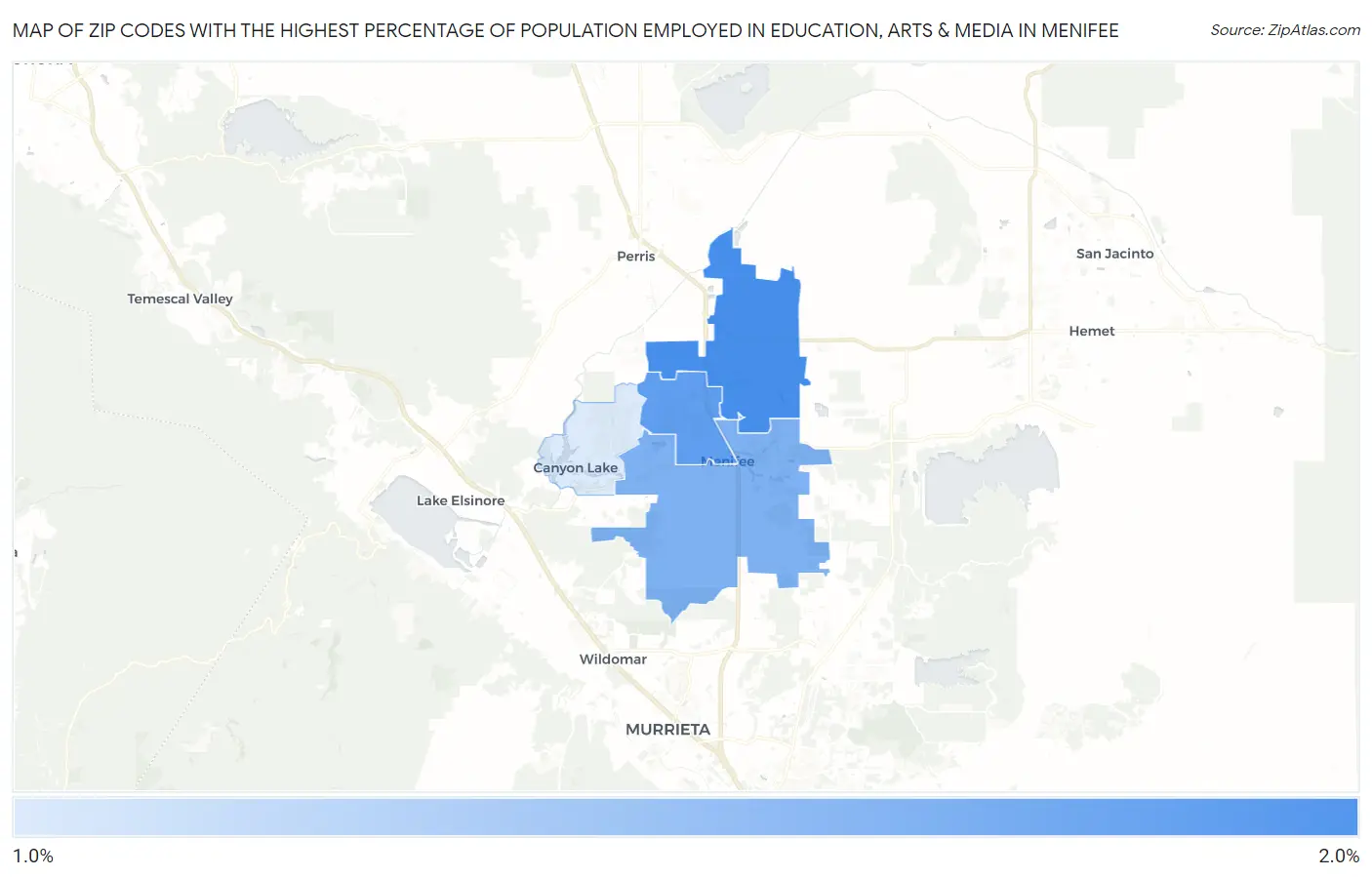 Zip Codes with the Highest Percentage of Population Employed in Education, Arts & Media in Menifee Map