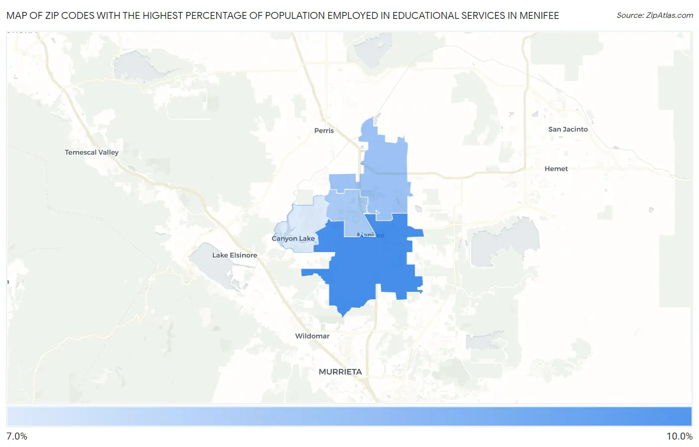 Zip Codes with the Highest Percentage of Population Employed in Educational Services in Menifee Map
