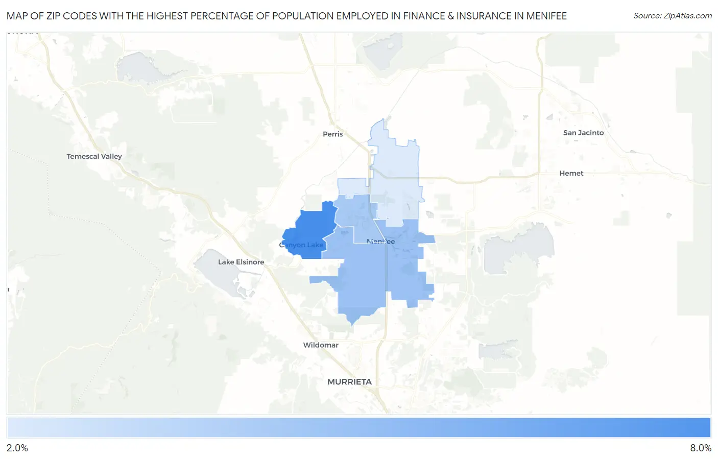 Zip Codes with the Highest Percentage of Population Employed in Finance & Insurance in Menifee Map