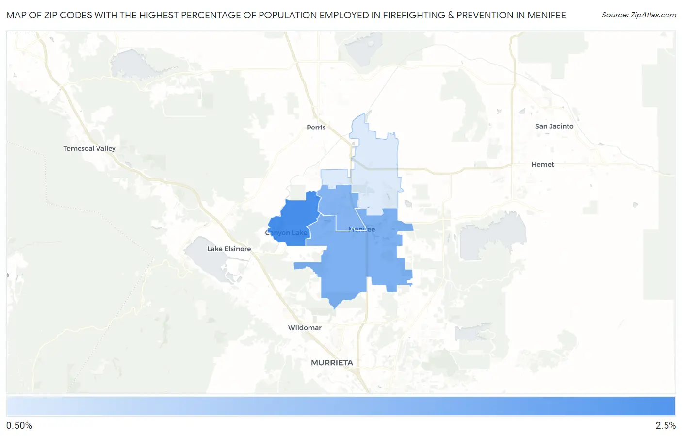 Zip Codes with the Highest Percentage of Population Employed in Firefighting & Prevention in Menifee Map
