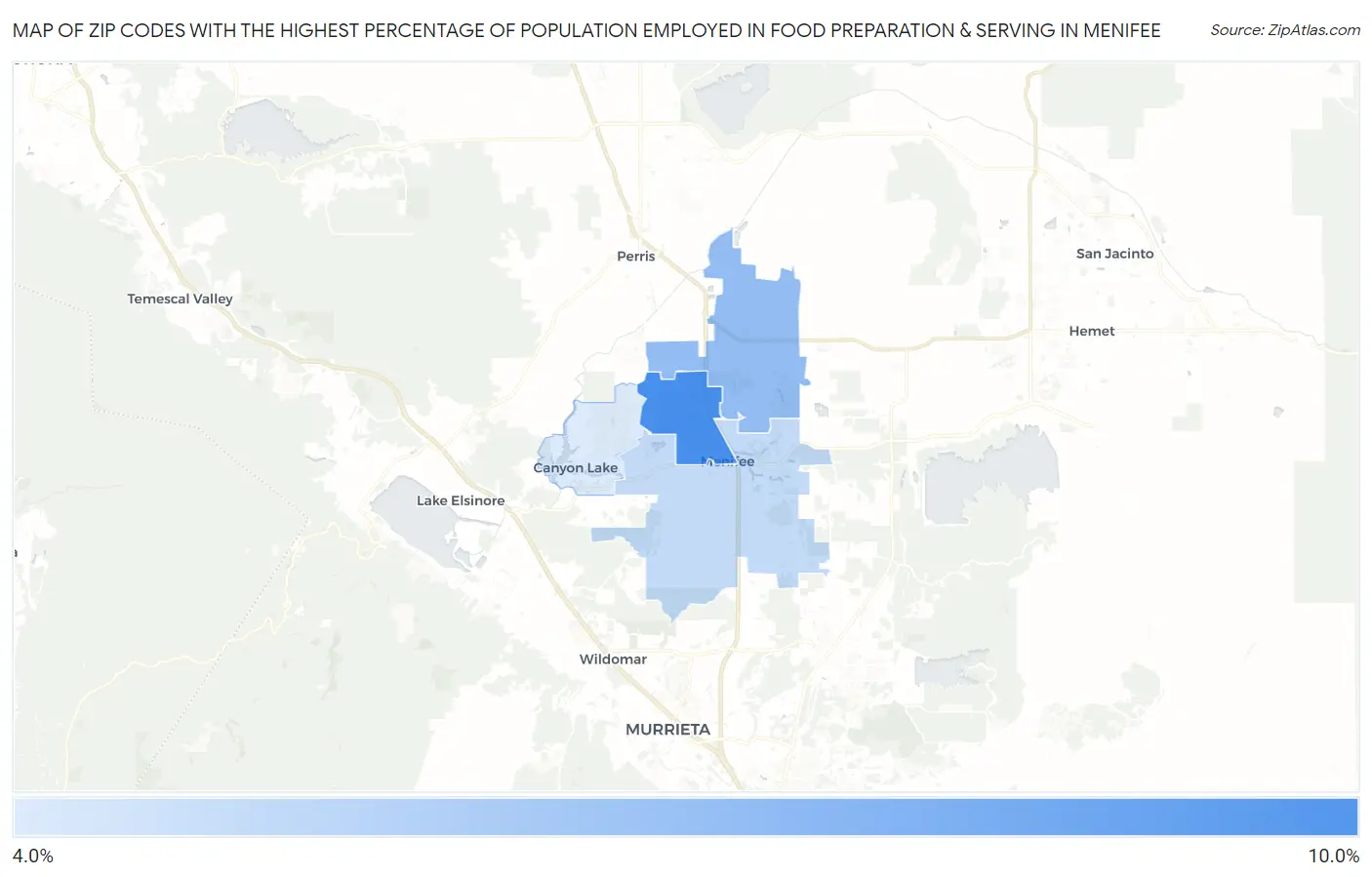 Zip Codes with the Highest Percentage of Population Employed in Food Preparation & Serving in Menifee Map