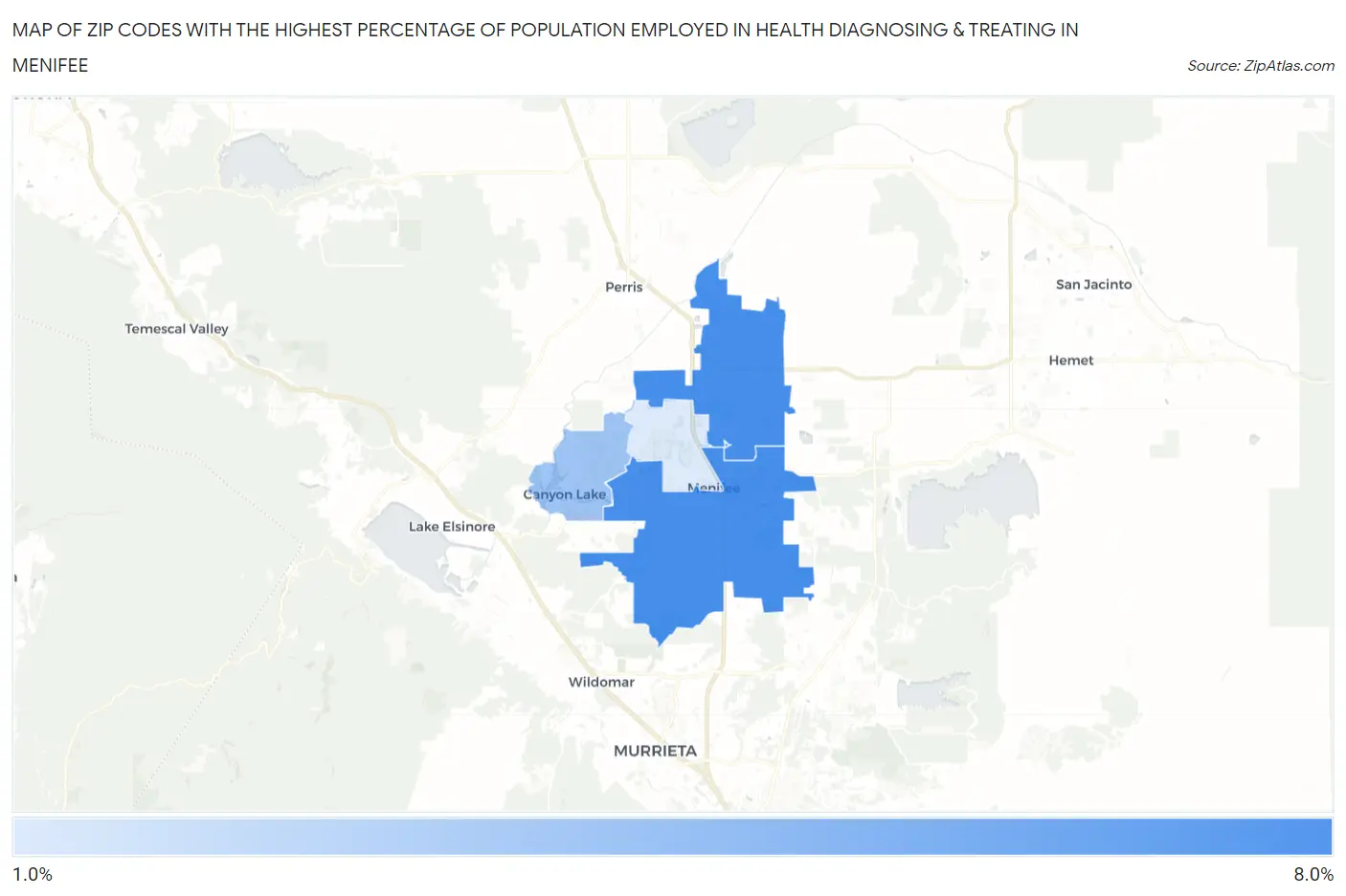 Zip Codes with the Highest Percentage of Population Employed in Health Diagnosing & Treating in Menifee Map