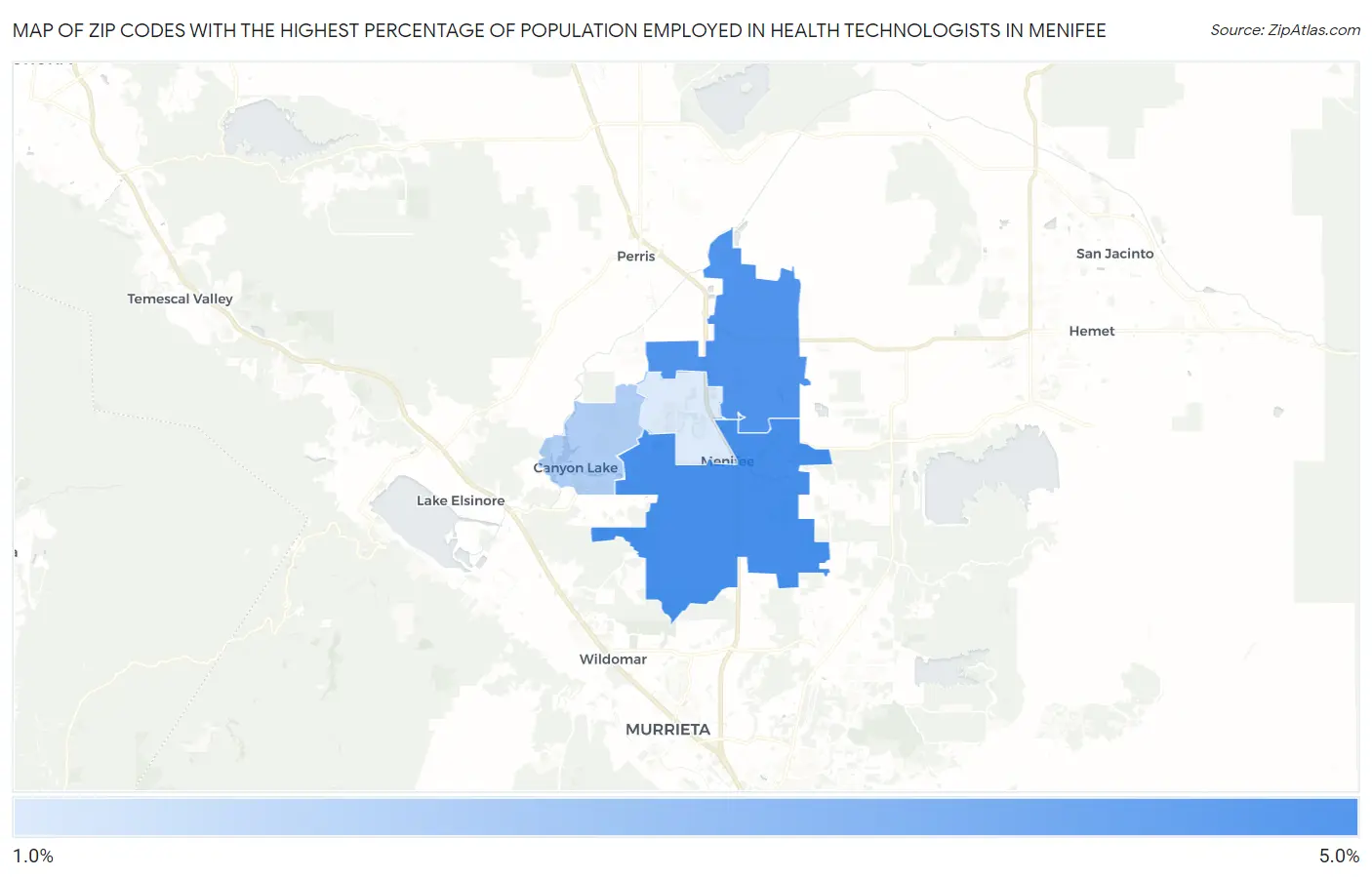Zip Codes with the Highest Percentage of Population Employed in Health Technologists in Menifee Map