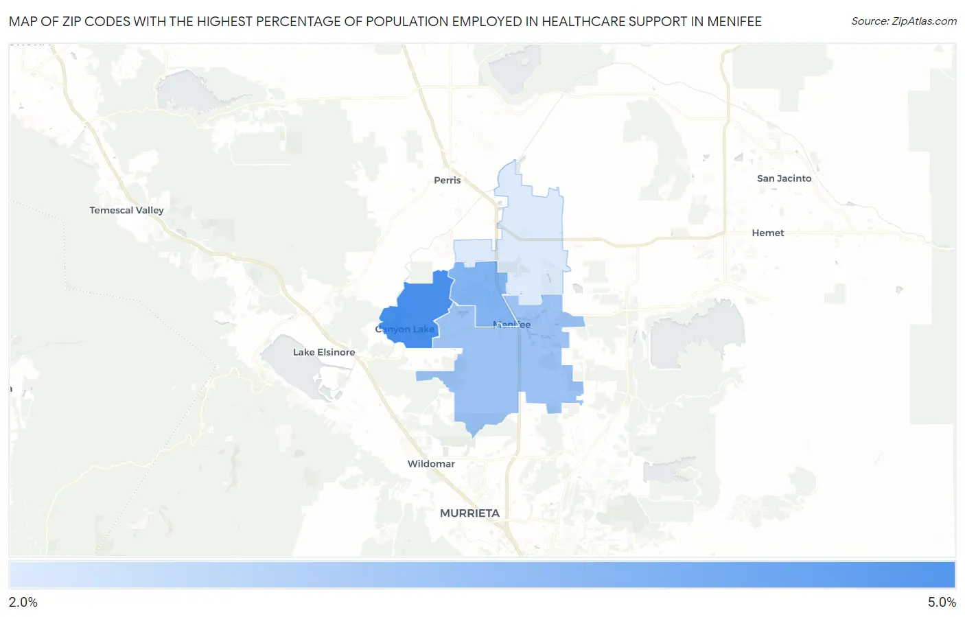 Zip Codes with the Highest Percentage of Population Employed in Healthcare Support in Menifee Map