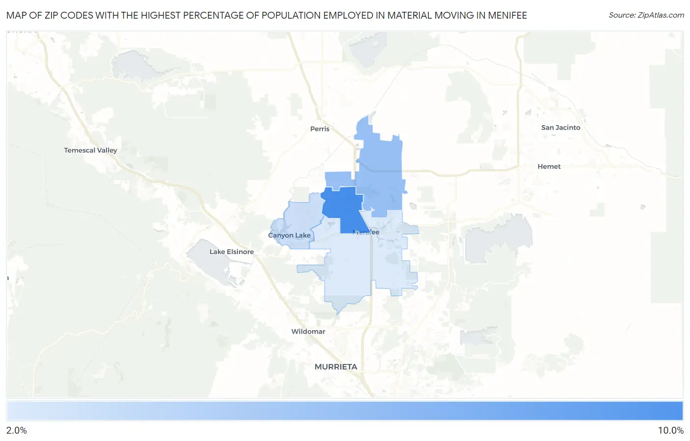 Zip Codes with the Highest Percentage of Population Employed in Material Moving in Menifee Map