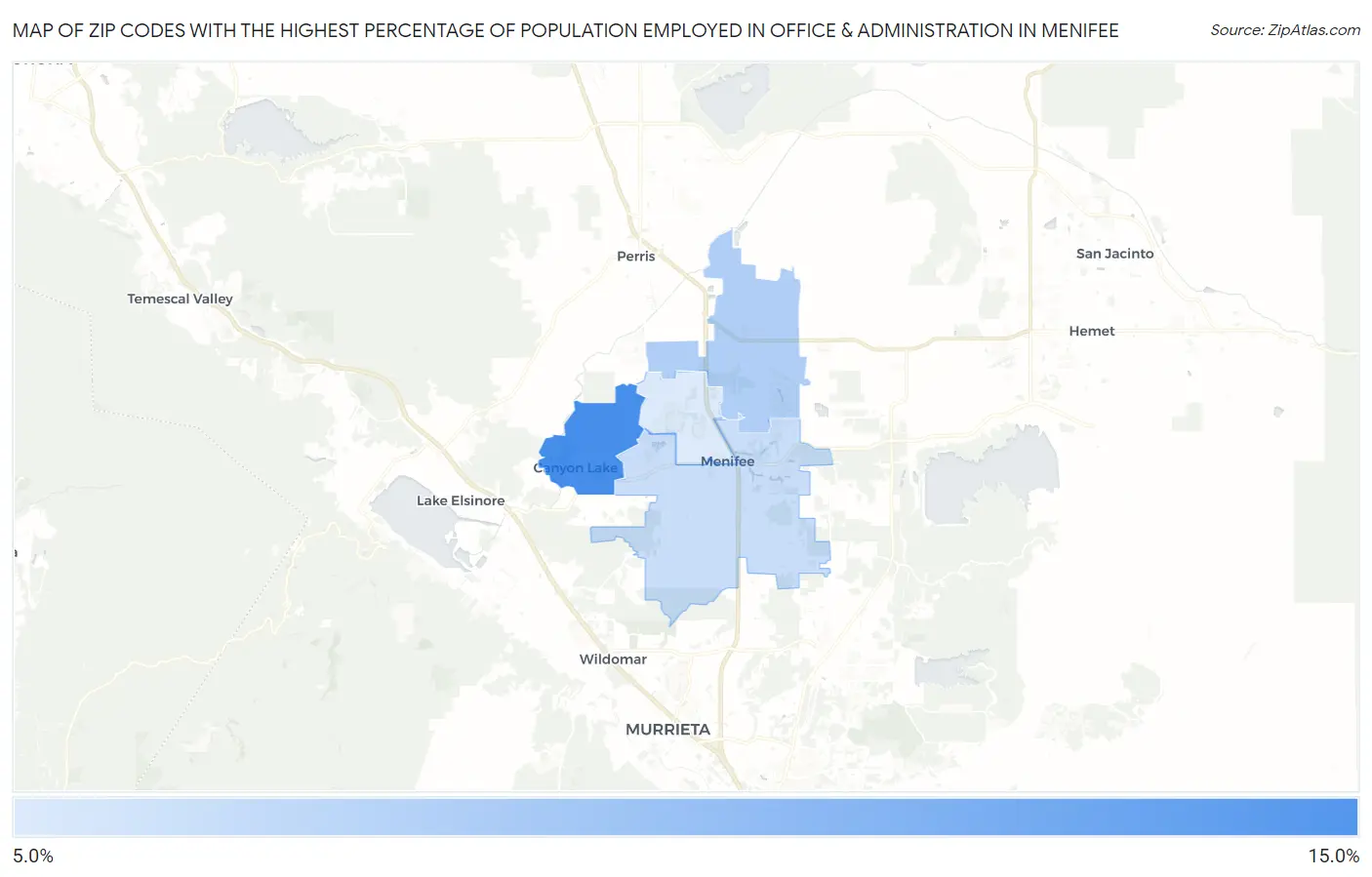 Zip Codes with the Highest Percentage of Population Employed in Office & Administration in Menifee Map