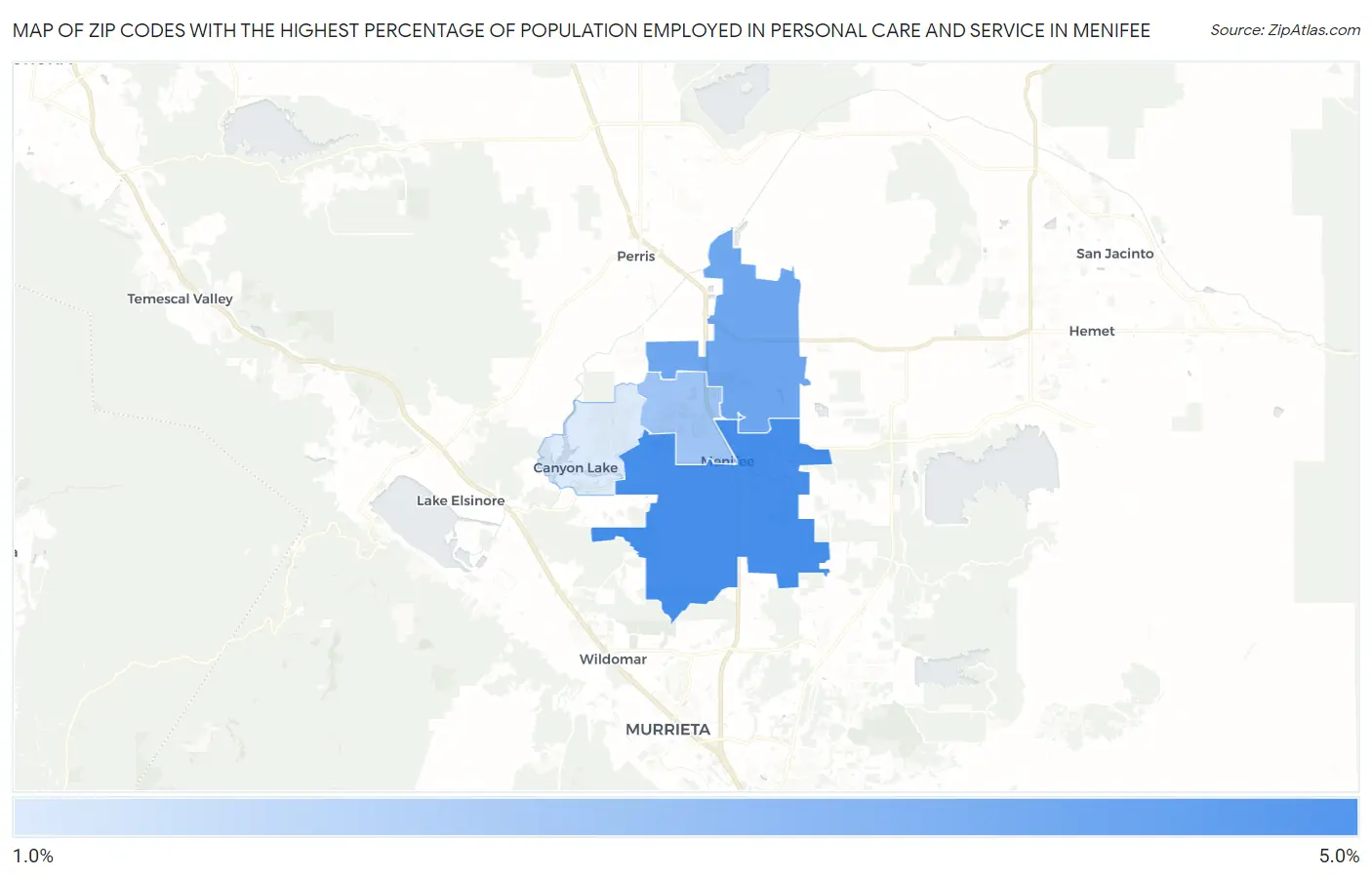 Zip Codes with the Highest Percentage of Population Employed in Personal Care and Service in Menifee Map