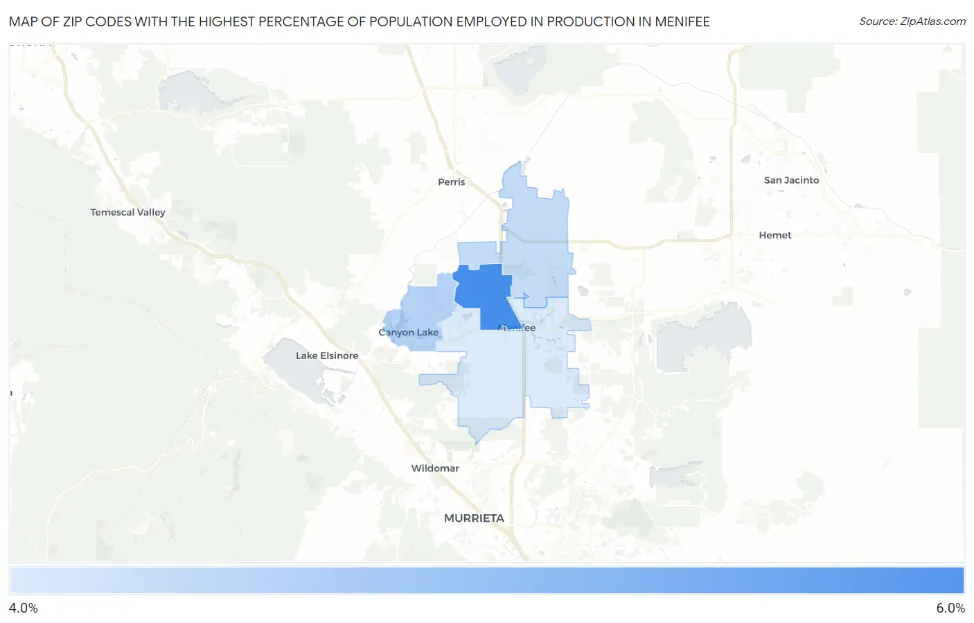 Zip Codes with the Highest Percentage of Population Employed in Production in Menifee Map