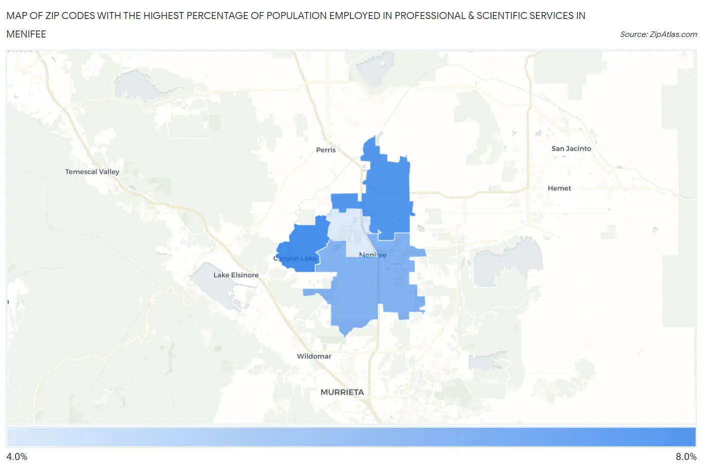 Zip Codes with the Highest Percentage of Population Employed in Professional & Scientific Services in Menifee Map