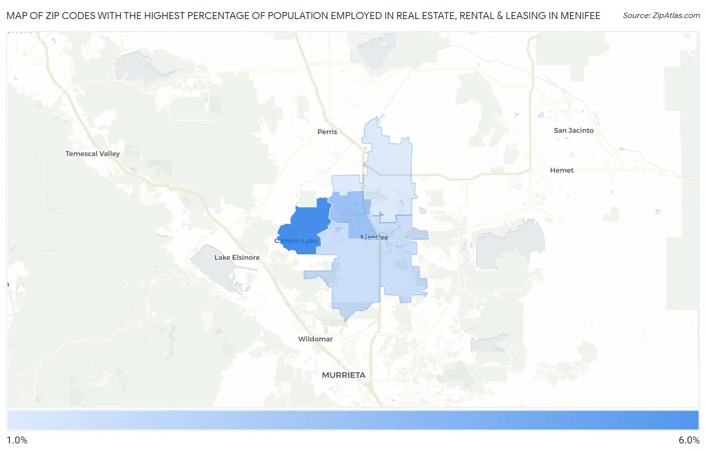 Zip Codes with the Highest Percentage of Population Employed in Real Estate, Rental & Leasing in Menifee Map